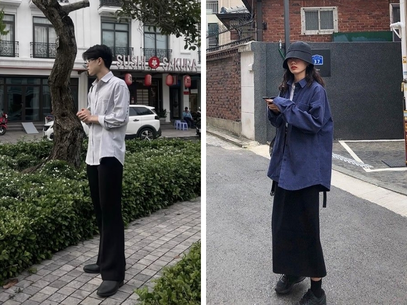 áo sơ mi oversize phối với quần tây hoặc chân váy