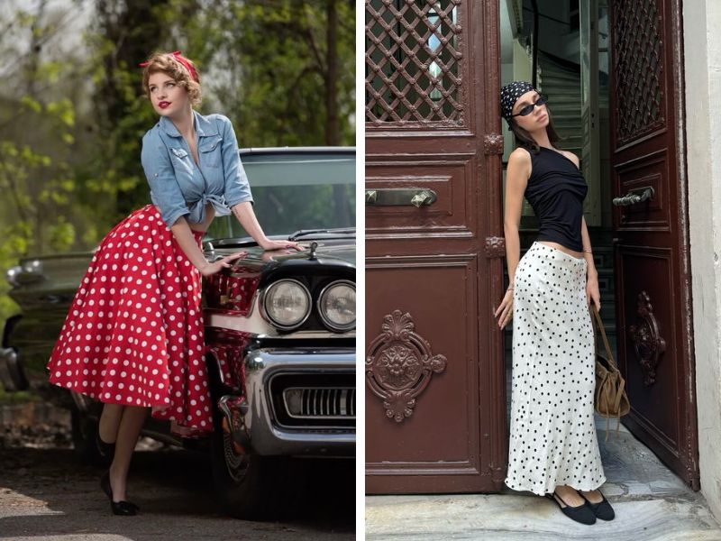 outfit retro váy xòe chấm bi giày búp bê
