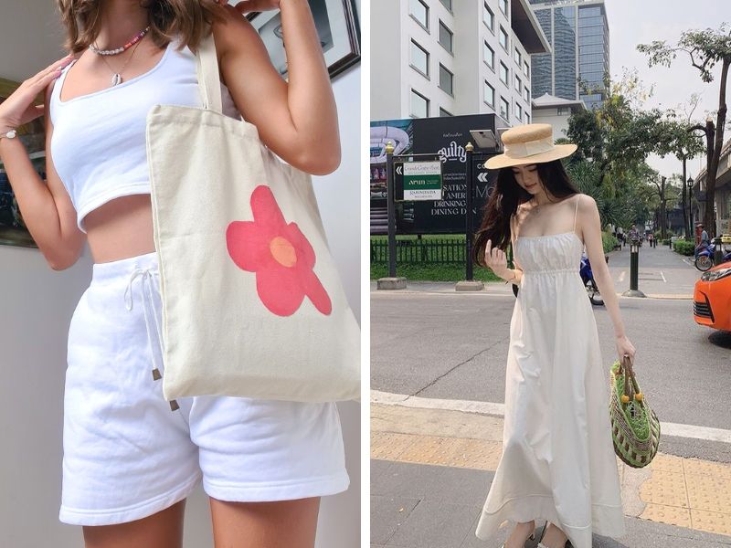outfit áo croptop và quần short hoặc váy maxi phối với túi tote