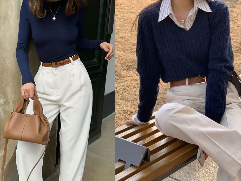 trang phục tone sur tone xanh và trắng
