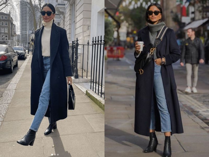 Cách phối Coat + Quần jean + Áo len basic.