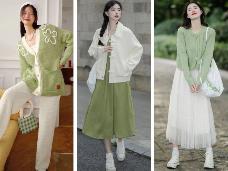 Phối xanh lá và trắng để có outfit sáng sủa