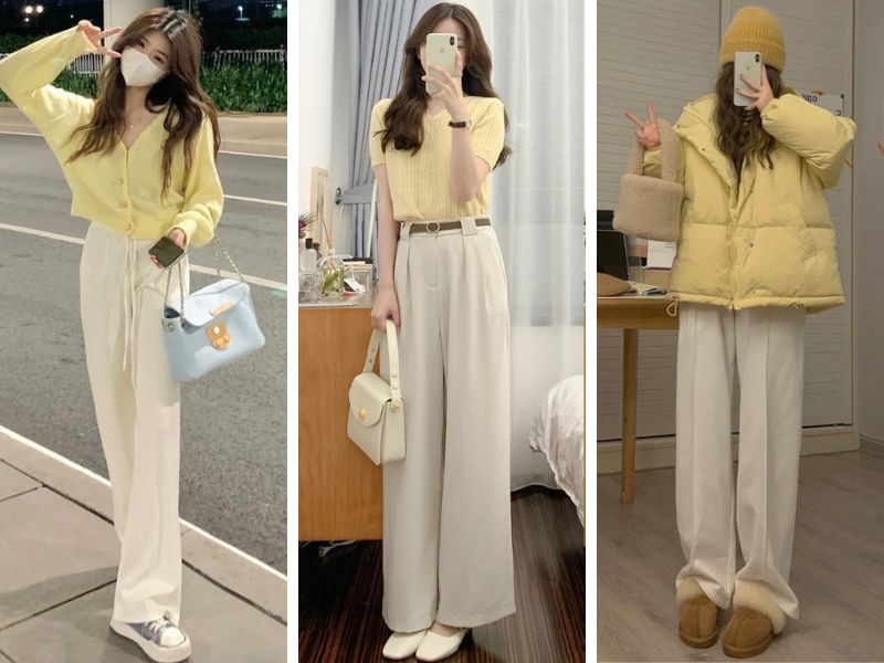 Phối áo vàng và quần kem 