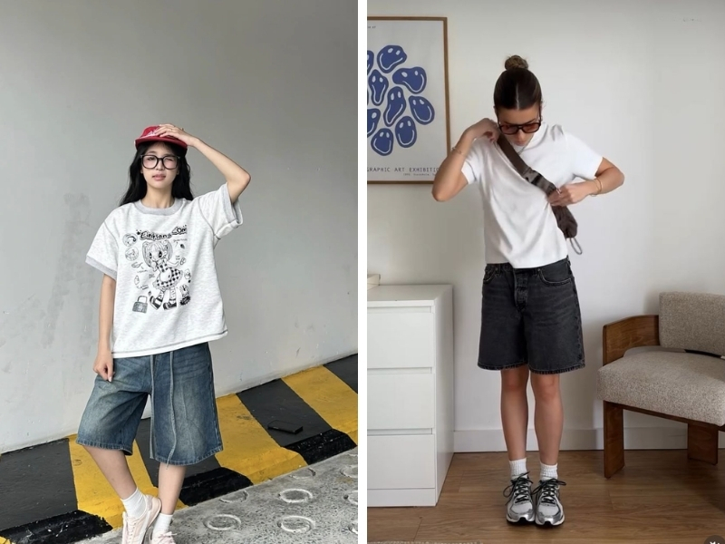 outfit form boxy áo thun boxy và quần short jeans