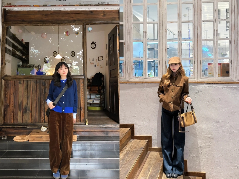 Áo xanh than kết hợp cùng quần nâu 