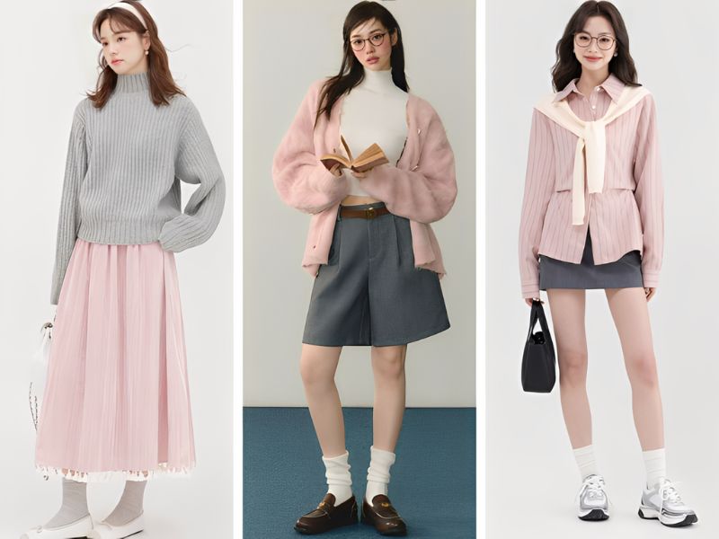 Phối hồng pastel và xám 