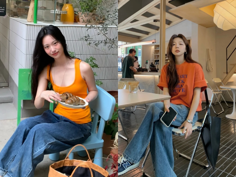 Outfit năng động với áo màu cam kết hợp quần jean