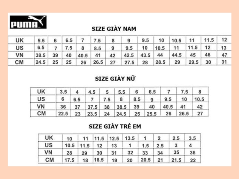 bảng size giày Puma