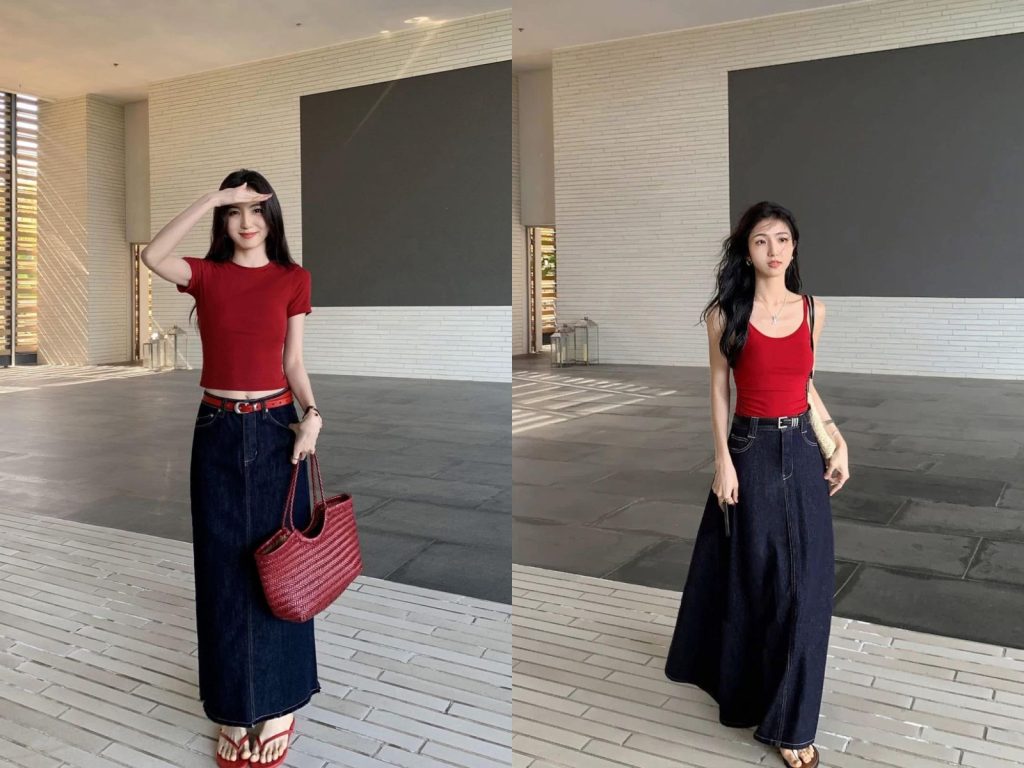 Phối đồ màu đỏ đô cùng jean xanh đậm