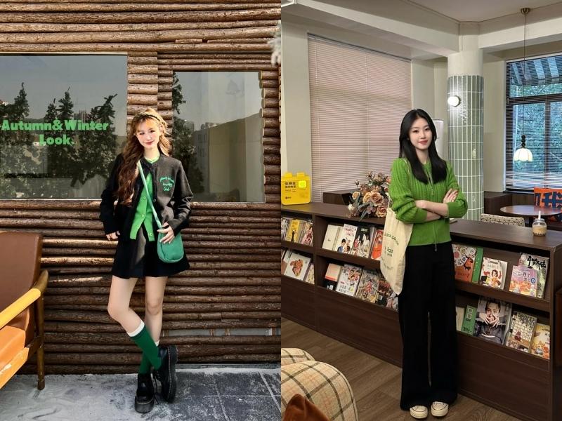 Phối đồ màu xanh lá kết hợp màu đen