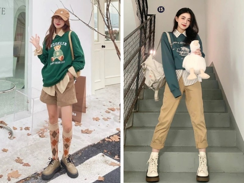 Mẫu phối sweater xanh cổ vịt và quần nâu