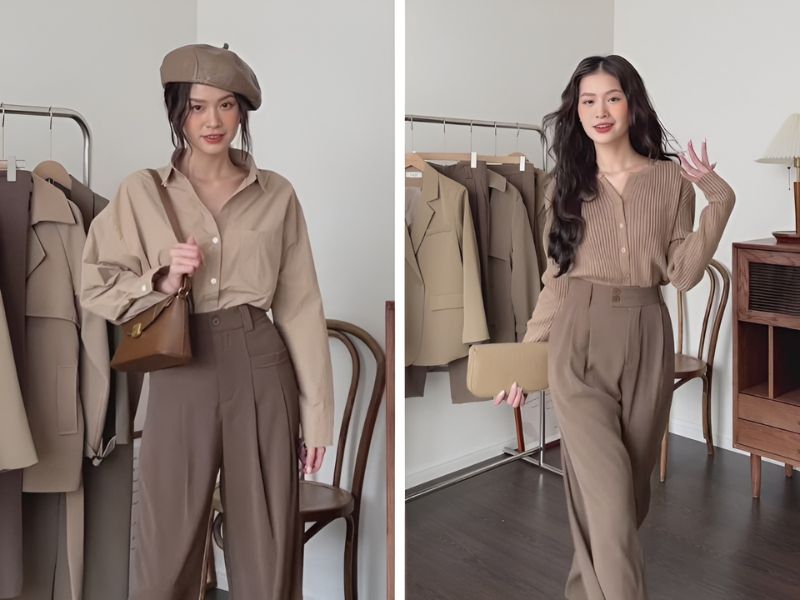 Phối áo tay dài màu be cùng quần màu nâu