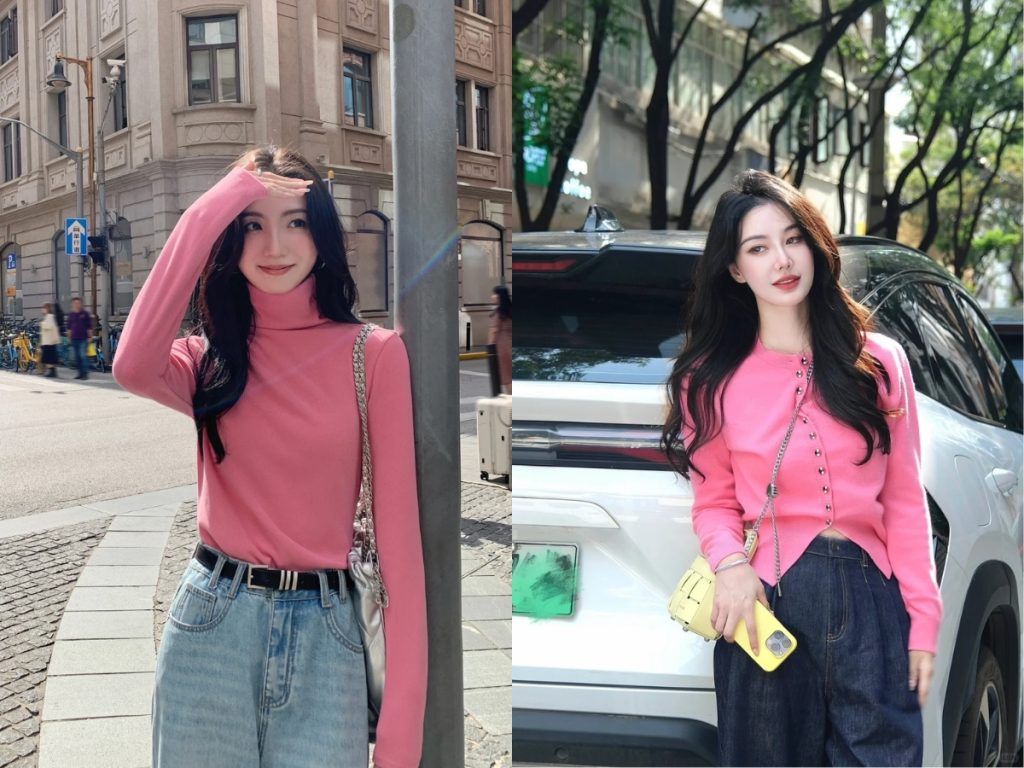 Áo hồng mặc với quần xanh jean