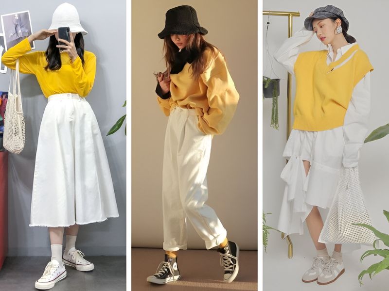 Phối đồ màu vàng chanh và đồ màu trắng 