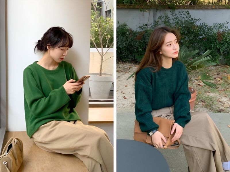 Phối áo len màu xanh lá và quần kaki màu be