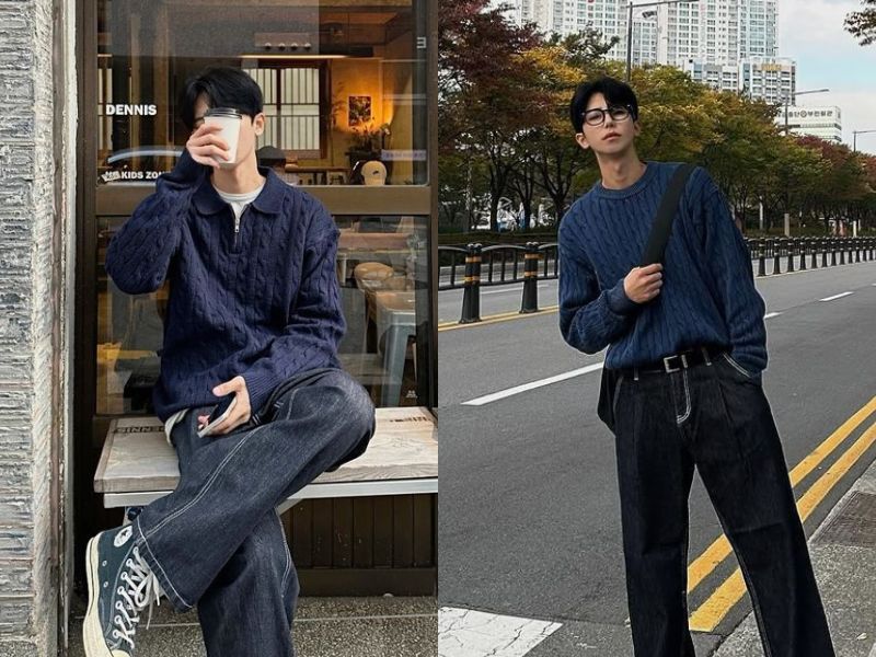 Outfit mix cùng áo sweater chàm “basic” 