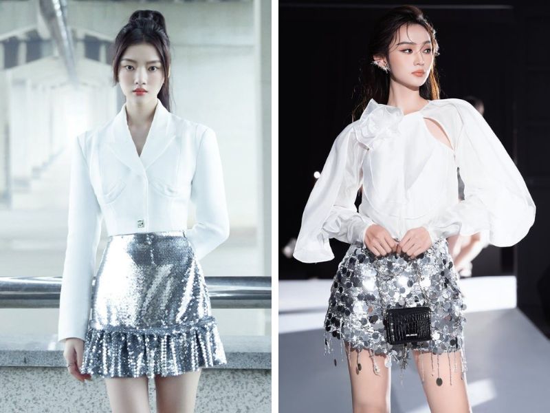Phối chân váy bạc và áo trắng
