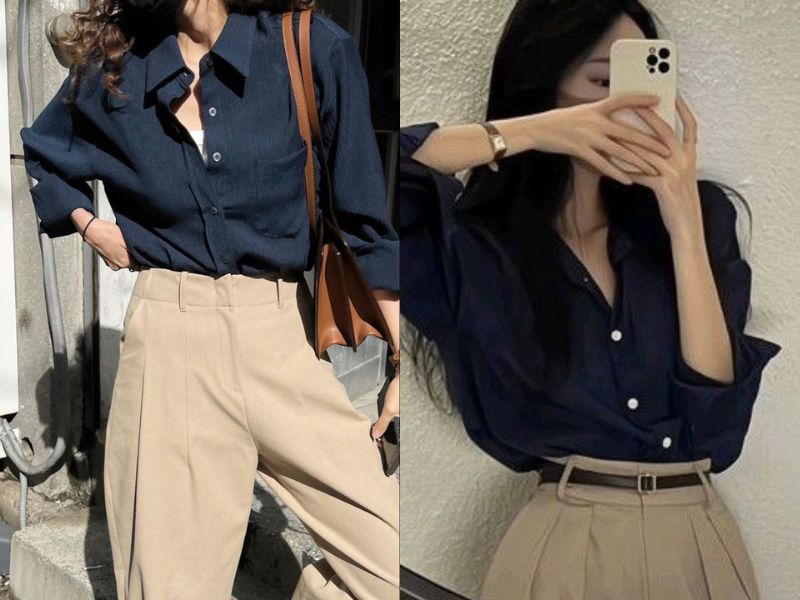 Phối áo sơ mi màu chàm cho nữ đi làm