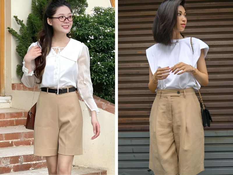 Phối quần short màu be và áo trắng