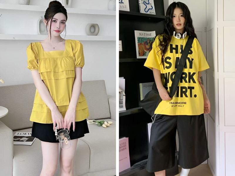 Phối áo màu vàng với quần lửng hoặc chân váy màu đen 