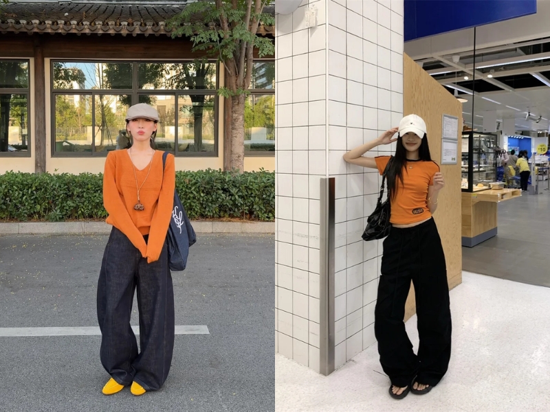 Áo cam phối đồ với quần đen