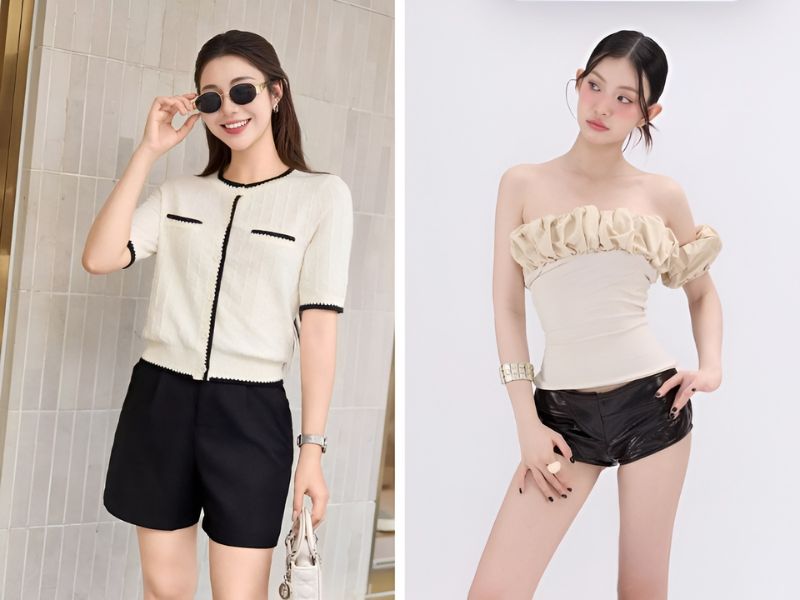 Phối áo màu be và quần short đen