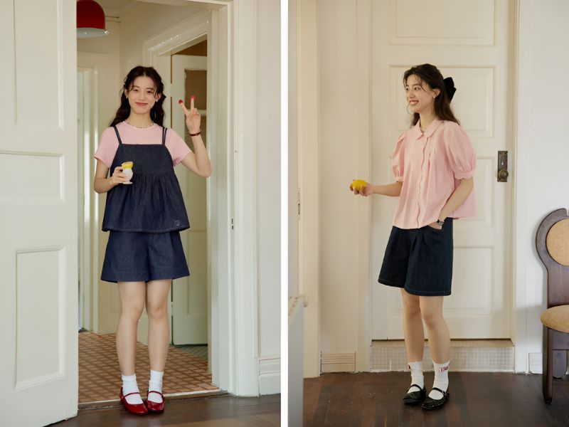 Phối đồ màu hồng pastel và màu jean xanh