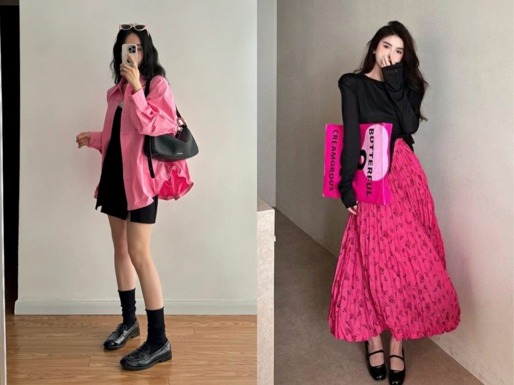 Phối đồ màu hồng đậm kết hợp màu đen