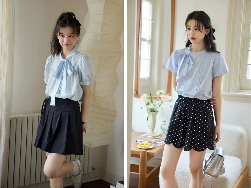 Phối áo màu xanh và chân váy ngắn màu đen 