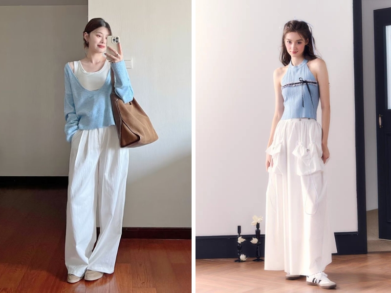 Phong cách phối đồ đơn sắc trắng - xanh nữ