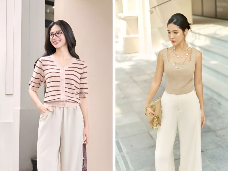 Phối áo kiểu màu be và quần màu kem