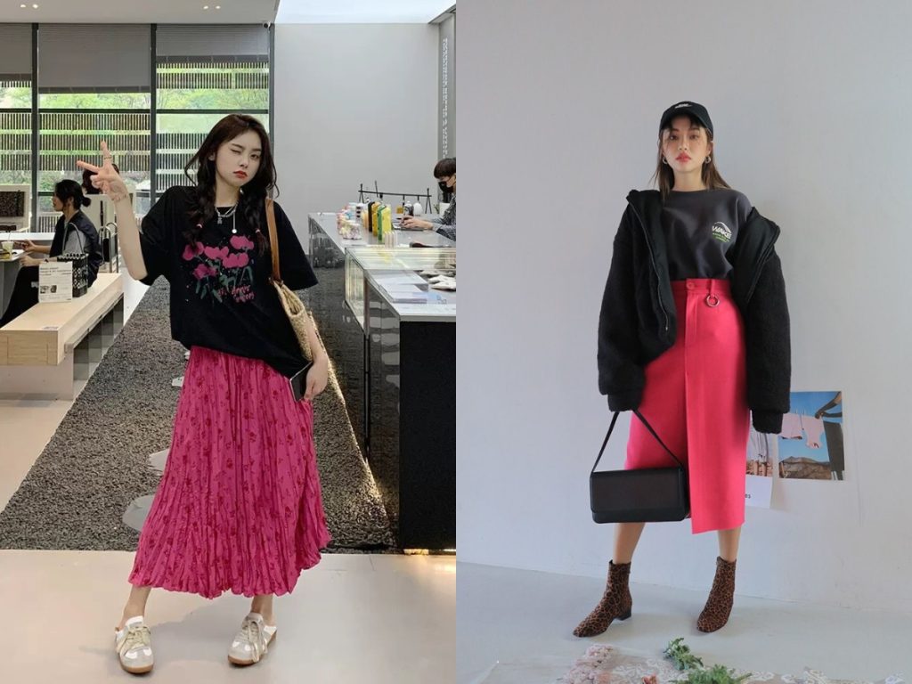 Phối đồ màu hồng đậm kết hợp màu đen nổi bật