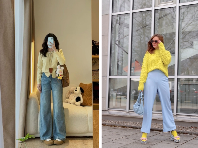 Cardigan vàng pastel phối cùng quần jeans xanh nhạt
