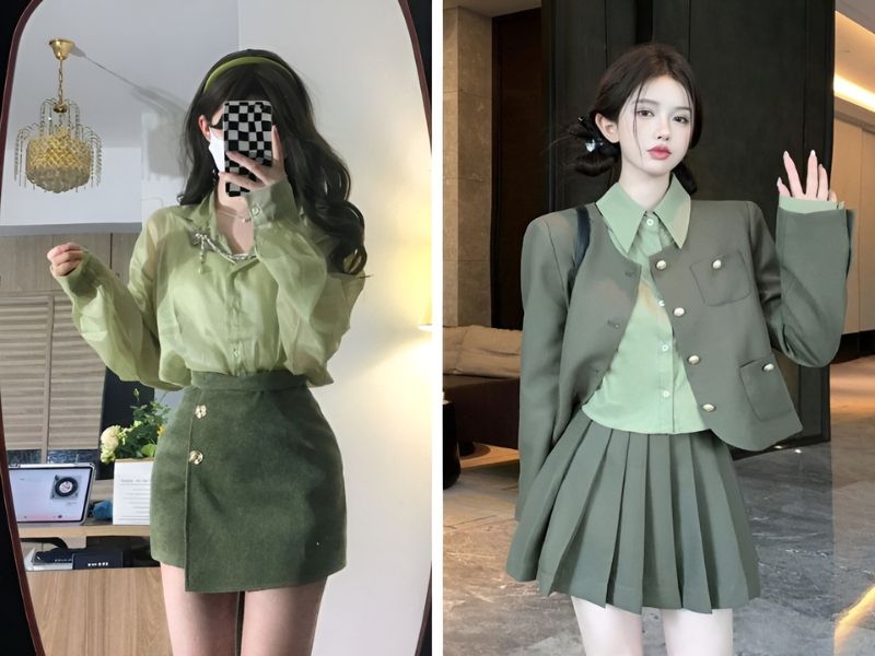 Phối áo sơ mi xanh pastel cùng chân váy ngắn xanh đậm 