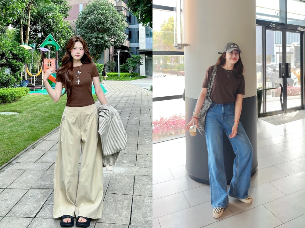 Outfit áo phông nâu và quần be/ jean xanh