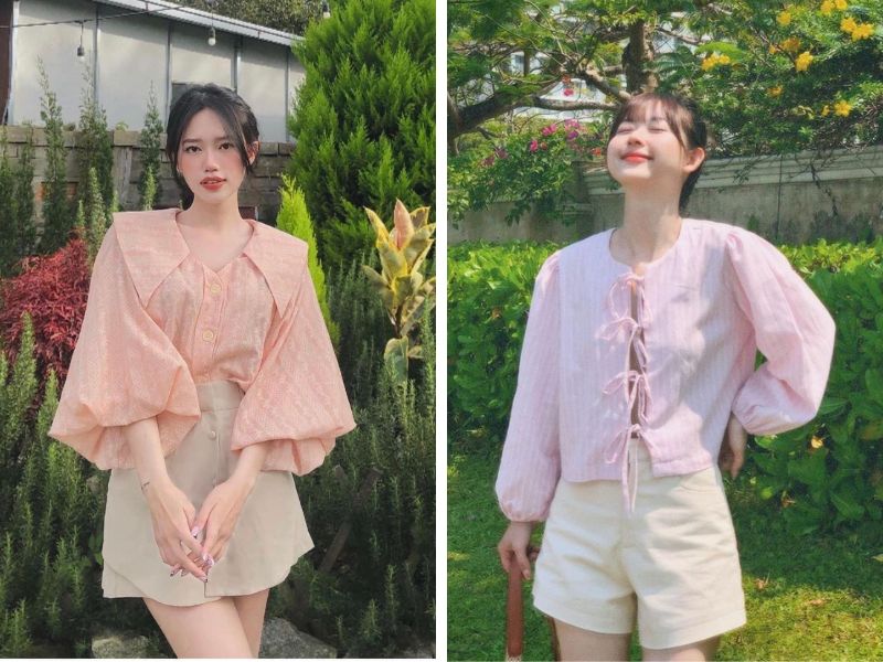 Phối áo kiểu màu hồng và quần short be 