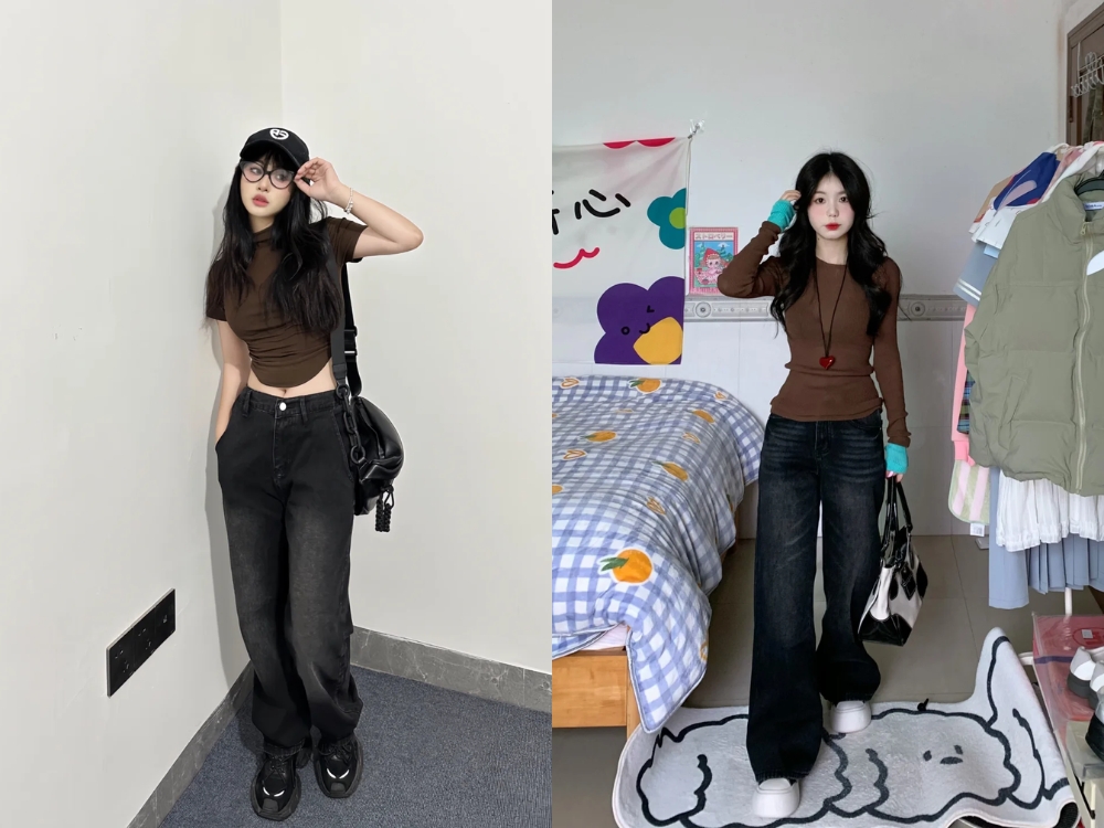áo màu nâu phối với quần màu đen