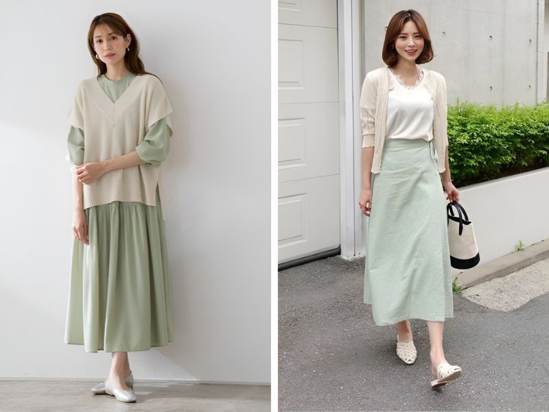 Phối váy màu xanh pastel và áo len màu kem 