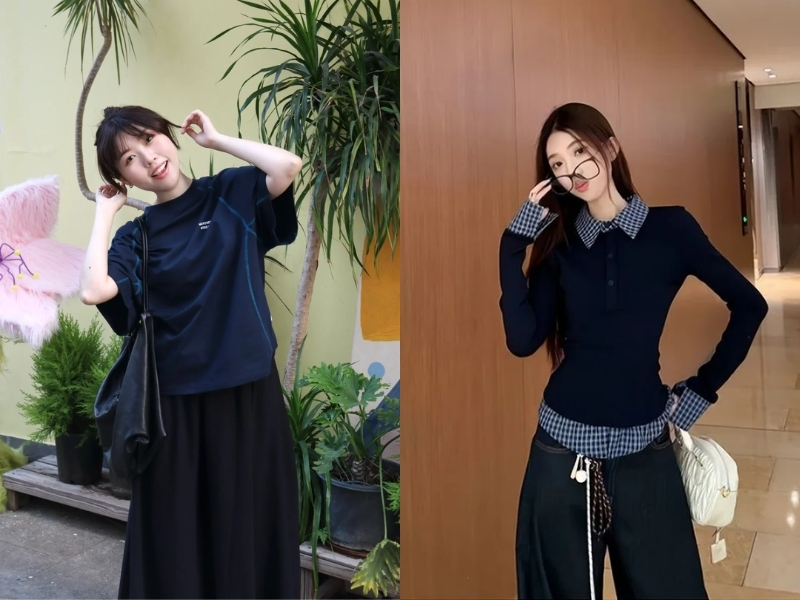 Quần đen phối đồ với áo xanh than 