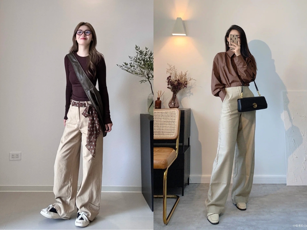 Phối đồ màu nâu với màu be 