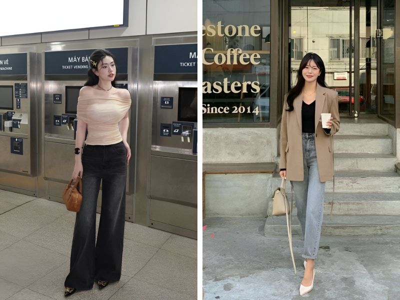 Phối áo màu be với quần jean