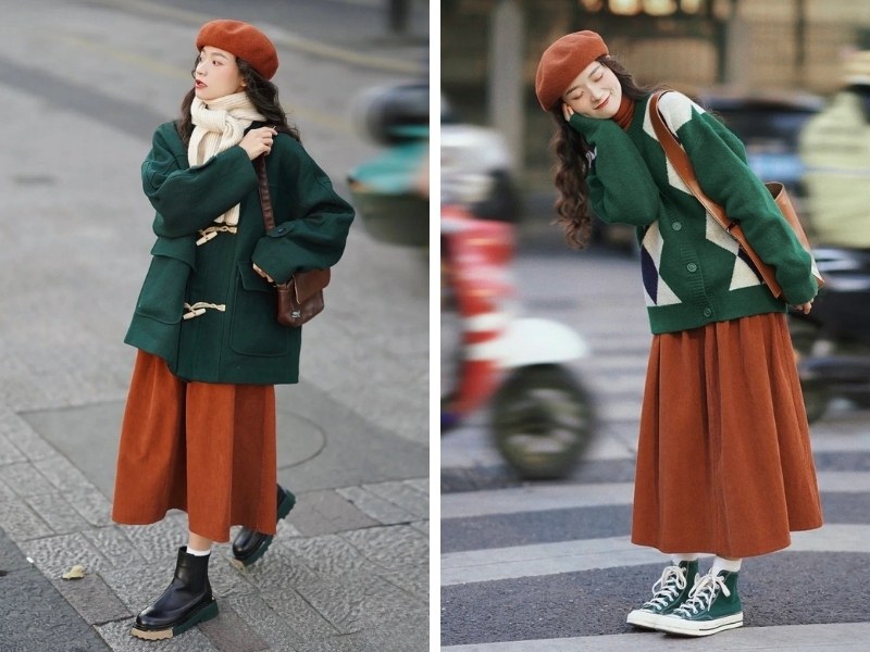 Mẫu phối áo khoác xanh cổ vịt với váy cam