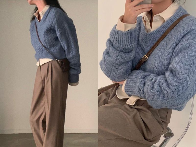Outfit cho mùa thu đông ấm áp cùng áo len màu chàm