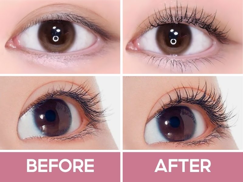 Trước và sau khi chuốt mascara Etude Curl Fix