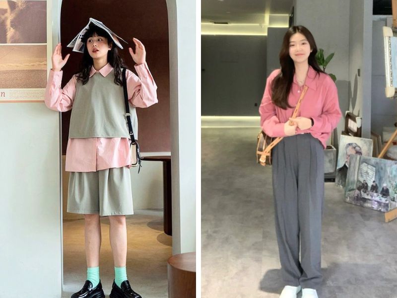 Phối áo màu hồng và quần màu xám để đi làm và đi chơi