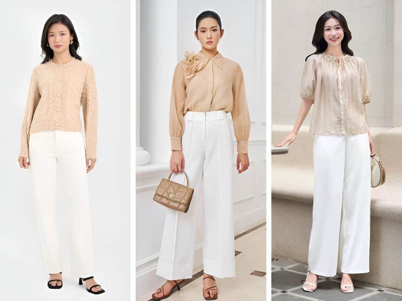 Phối áo sơ mi màu be với quần ống suông màu trắng