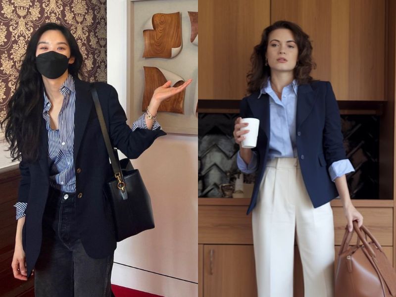 áo blazer màu chàm phối với quần tây