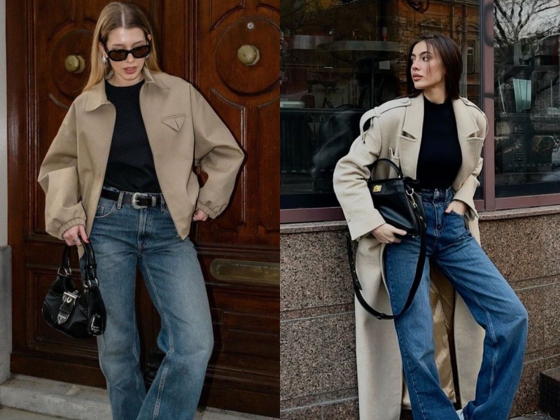 Outfit xanh dương đậm với màu đen cho nữ