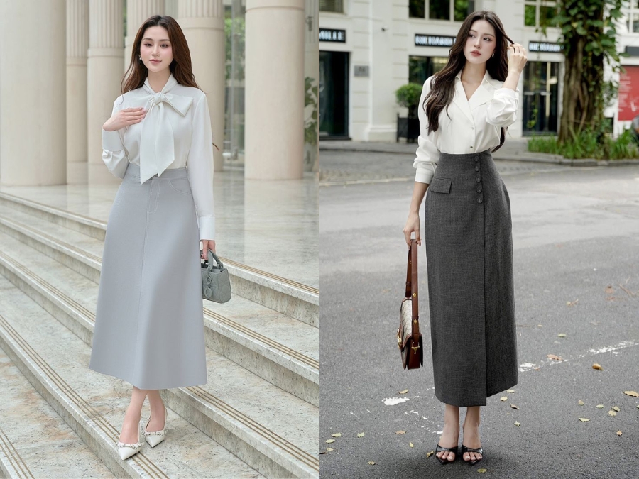 Phối áo màu ivory với chân váy xám ghi