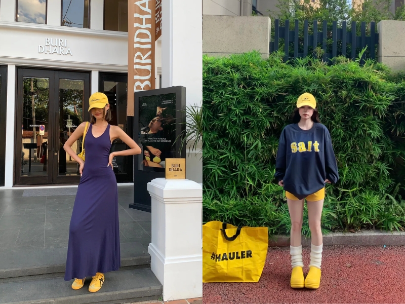 Phối đồ màu xanh than và vàng 